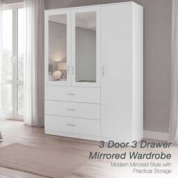 Home Discount Vida Designs Riano 3 Door 3 Drawer Mirrored Wardrobe Bedroom Furniture in White - thumbnail 5