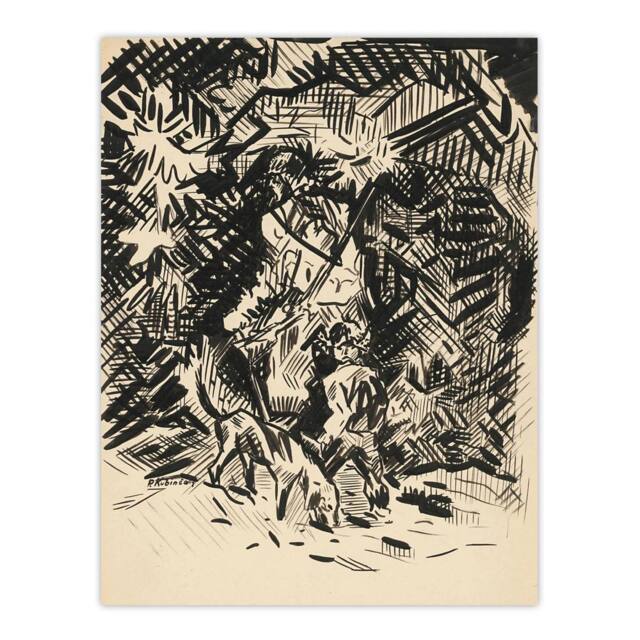 "Artery8 Hunter With Child & Hound Kubincan Wall Art Poster Print in Black - Size: W24"" x H32""" - image 1