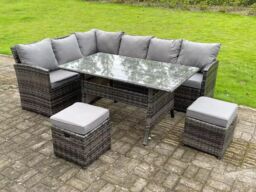 Fimous High Back Rattan Corner Sofa Set Outdoor Furniture Rectangular Dining Table 2 Small Footstools 8 Seater in Dark Grey - thumbnail 1