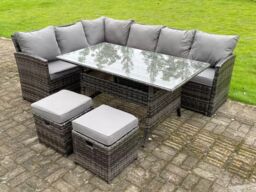 Fimous High Back Rattan Corner Sofa Set Outdoor Furniture Rectangular Dining Table 2 Small Footstools 8 Seater in Dark Grey - thumbnail 2