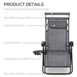 OUTSUNNY Zero Gravity Chair Adjustable Patio Lounge w/ Cup Holder in Grey - thumbnail 4