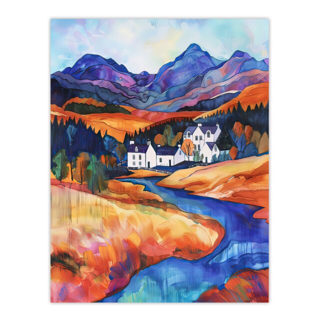 "Artery8 Glencoe Mountain Cottages Scottish Landscape Wall Art Print - Size: W12"" x H16""" - image 1