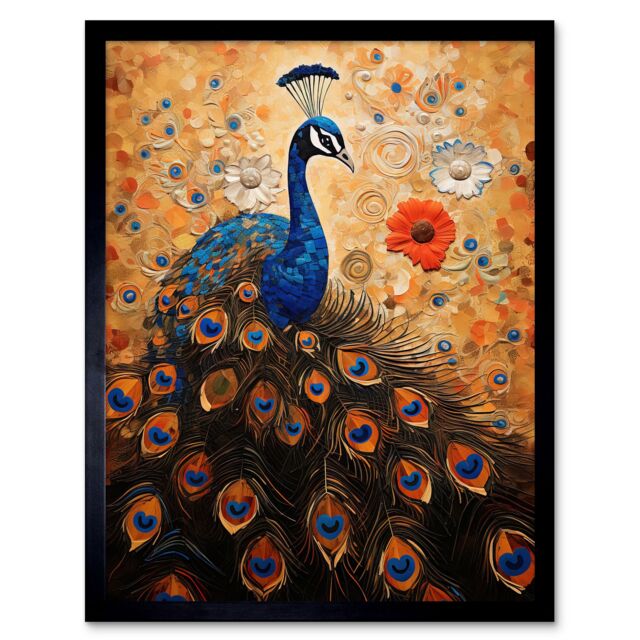 "Artery8 Wall Art Print Peacock Bird Gustav Klimt Style Oil Painting Gold Orange Blue Portrait with Flowers Art Framed in Black - Size: W12"" x H16""" - image 1