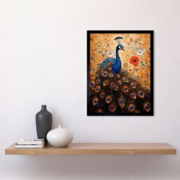"Artery8 Wall Art Print Peacock Bird Gustav Klimt Style Oil Painting Gold Orange Blue Portrait with Flowers Art Framed in Black - Size: W12"" x H16""" - thumbnail 2
