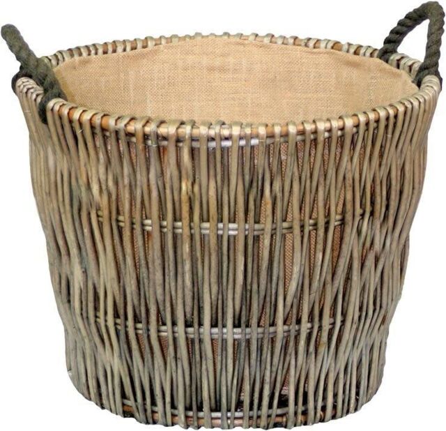 Red Hamper Wicker Round Grey Hessian Lined Log Basket in Brown - image 1
