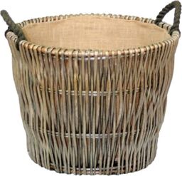 Red Hamper Wicker Round Grey Hessian Lined Log Basket in Brown - thumbnail 1