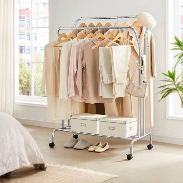 SONGMICS Heavy Duty Double Clothes Rail with Shelf & Wheels in Silver - image 1