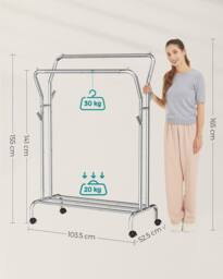 SONGMICS Heavy Duty Double Clothes Rail with Shelf & Wheels in Silver - thumbnail 2