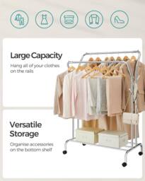 SONGMICS Heavy Duty Double Clothes Rail with Shelf & Wheels in Silver - thumbnail 3