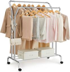 SONGMICS Heavy Duty Double Clothes Rail with Shelf & Wheels in Silver - thumbnail 7
