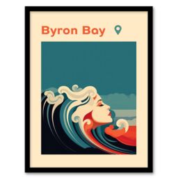 Artery8 Wall Art Print The Seaside Calls Byron Bay Beach Australia Modern Woman of the Waves Sea Siren Ocean Art Framed in Blue - Size: A4 - thumbnail 1