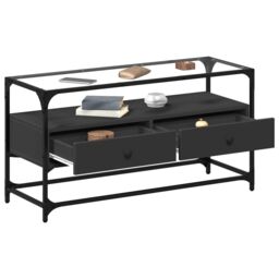 Berkfield Home TV Cabinet with Glass Top Black 98x35x51 cm Engineered Wood - Size: 98 x 35 x 51 cm - thumbnail 3