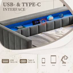 Direct Wicker Multifunctional Pull-out Sofa Bed with USB-Type-C port, LED lighting in Dark Grey - Size: Single - thumbnail 7