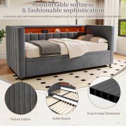 Direct Wicker Multifunctional Pull-out Sofa Bed with USB-Type-C port, LED lighting in Dark Grey - Size: Single - thumbnail 4