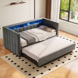 Direct Wicker Multifunctional Pull-out Sofa Bed with USB-Type-C port, LED lighting in Dark Grey - Size: Single
