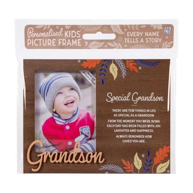History & Heraldry Personalised Kids Wooden Picture Frame - Grandson in Brown