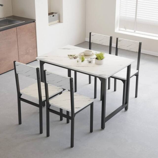 VOGREX White Marble 5-Piece Dining Set MDF Top Metal Frame Table & Chairs - image 1