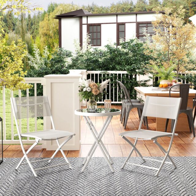 OUTSUNNY 3 Pieces Outdoor Bistro Set, Glass Top Table & Chairs, White - image 1