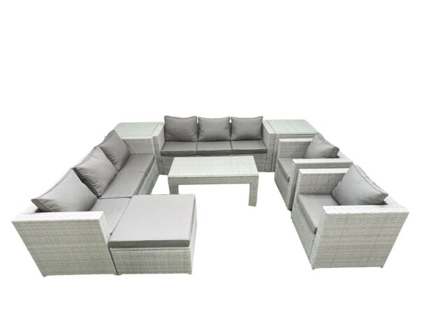 Fimous Outdoor Garden Furniture Rattan Sofa Set with 2 Armchairs Oblong Coffee Table Big Footstool 2 Side Tables Light Grey Mixed - image 1