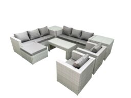 Fimous Outdoor Garden Furniture Rattan Sofa Set with 2 Armchairs Oblong Coffee Table Big Footstool 2 Side Tables Light Grey Mixed - thumbnail 2
