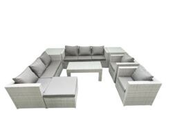 Fimous Outdoor Garden Furniture Rattan Sofa Set with 2 Armchairs Oblong Coffee Table Big Footstool 2 Side Tables Light Grey Mixed - thumbnail 1