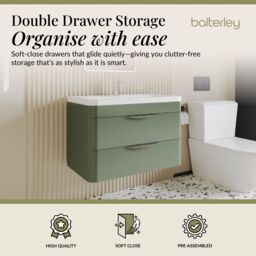 Balterley Contemporary Wall Hung 2 Drawer Bathroom Vanity Unit, Green, 810mm in Green - thumbnail 2