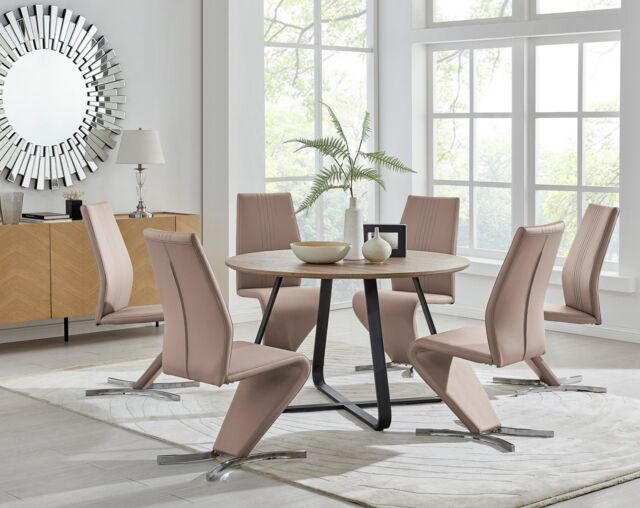 FurnitureboxUK Santorini Brown Wood Effect Dining Table & 6 Willow Chairs in Beige - image 1