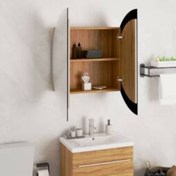 Berkfield Home Bathroom Cabinet with Round Mirror&LED Oak 54x54x17.5 cm in Brown - thumbnail 4