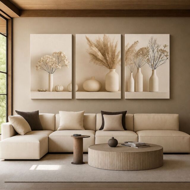 "Mafett 3 Set Canvas Wall Art Print Modern Beige Vase Collection - Size: W12"" x H16""" - image 1