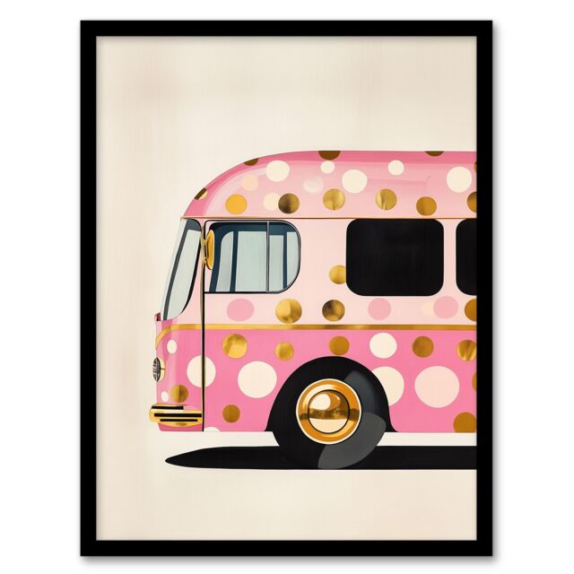 "Artery8 Pink Glamour Party Bus Gold Polka Dot Modern Framed Art Print - Size: W12"" x H16""" - image 1