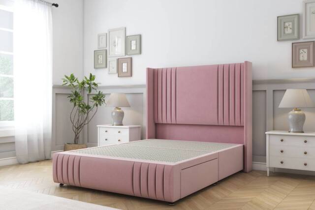 "Sloomy Camden Plush Divan Base No Drawers - 54"" Wing Headboard-Footboard in Pink - Size: Double" - image 1