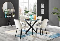FurnitureboxUK Novara 4 Seater Black Leg Round Glass Dining Table & 4 Pesaro Soft Velvet Black Leg Chairs in Cream - thumbnail 1