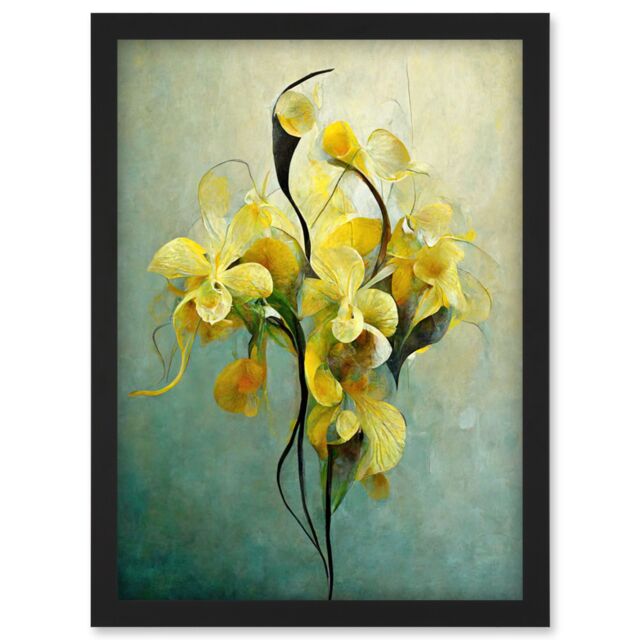 Artery8 Elegant Orchid Yellow Modern Artwork Framed Wall Art Print A4 in Black - image 1