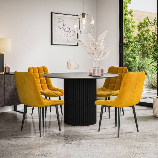 More4Homes Arlo Concrete Table Top W Black Legs + Nova Velvet Dining Chair Set Of 4 in Mustard - image 1