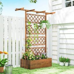 VOGREX Wooden Trellis Planter, Raised Garden Bed for Climbing Plants in Brown - thumbnail 5