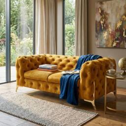 Stratus Interiors Italian Chesterfield Sofa Plush Velvet UK Manufactured in Gold - Size: 2 Seater - thumbnail 2