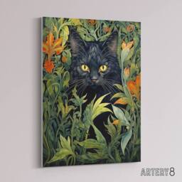 "Artery8 Cat & Flowers Art Nouveau Canvas Wall Art Print in Green - Size: W24"" x H32""" - thumbnail 2