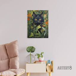 "Artery8 Cat & Flowers Art Nouveau Canvas Wall Art Print in Green - Size: W24"" x H32""" - thumbnail 3