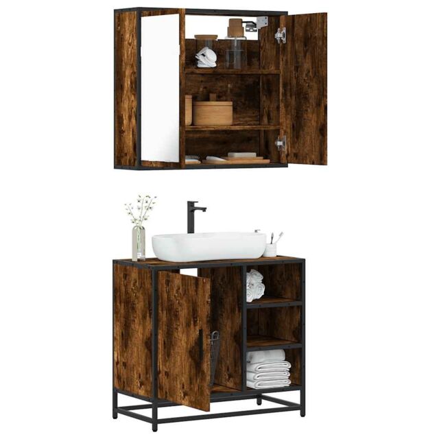 Berkfield Home 2 Piece Bathroom Furniture Set Smoked Oak Engineered Wood in Brown - image 1