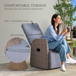 OUTSUNNY Outdoor Recliner Chair w/ Cushion Rattan Reclining Lounge Chair in Brown - thumbnail 5
