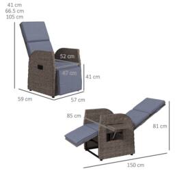 OUTSUNNY Outdoor Recliner Chair w/ Cushion Rattan Reclining Lounge Chair in Brown - thumbnail 3