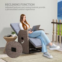 OUTSUNNY Outdoor Recliner Chair w/ Cushion Rattan Reclining Lounge Chair in Brown - thumbnail 4