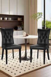 Living and Home 3-piece Set of Round Dining Table & 2 PU Leather Dining Chairs Coffee Table Set in Black - thumbnail 2