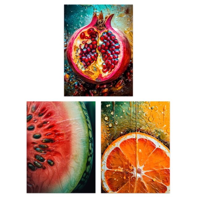 Artery8 Wall Art Print Set of 3 Fruit Paintings Study Orange Pomegranate Watermelon Living Room Poster s Pack - Size: A4 - image 1