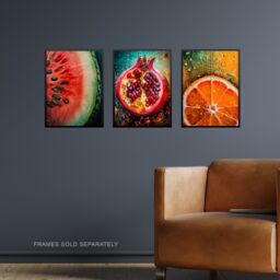 Artery8 Wall Art Print Set of 3 Fruit Paintings Study Orange Pomegranate Watermelon Living Room Poster s Pack - Size: A4 - thumbnail 2