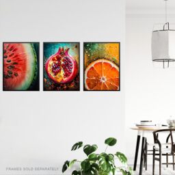Artery8 Wall Art Print Set of 3 Fruit Paintings Study Orange Pomegranate Watermelon Living Room Poster s Pack - Size: A4 - thumbnail 3