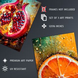 Artery8 Wall Art Print Set of 3 Fruit Paintings Study Orange Pomegranate Watermelon Living Room Poster s Pack - Size: A4 - thumbnail 4