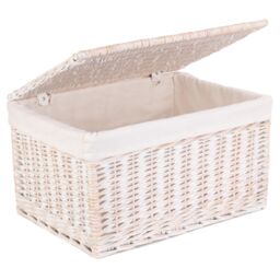 Red Hamper Wicker White Wash Steamed Cotton Lined Storage Basket - Size: Medium