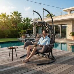 Living and Home 2-Seater Swing Hanging Egg Chair with Metal Stand in Dark Grey - Size: Medium - thumbnail 2