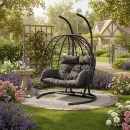 Living and Home 2-Seater Swing Hanging Egg Chair with Metal Stand in Dark Grey - Size: Medium - thumbnail 4